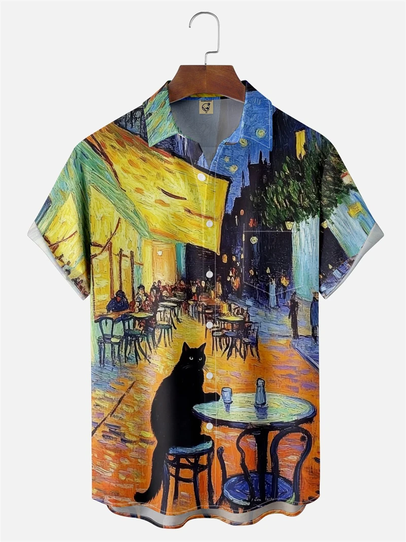 

Funny Black Cat Printed Men's Short Sleeve Shirt Oil Painting Starry Sky Pattern Tops Street Daily Casual Oversized Men Tops