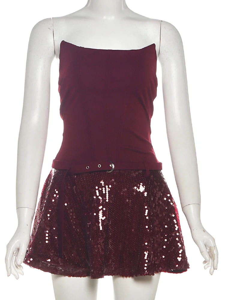 니버 패치워크 드레스 여성용 스팽글 퍼프 밑단 피쉬본 벨트 버클 장식 로우넥 민소매 생일 파티 미니 바디콘