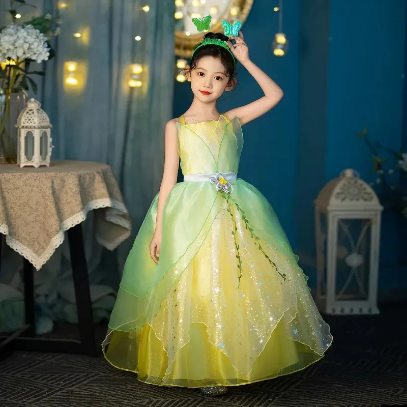Halloween Ragazze Fiaba Tiana Costume Cosplay Principessa Elfo Verde Vestito da Partito Carnevale Abito da Ballo Principessa e Rana Abiti
