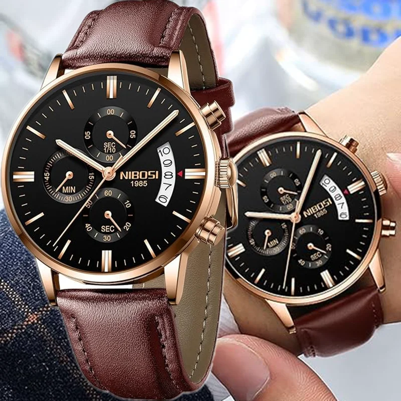 

NIBOSI Watches Men Sport Quartz Watches Waterproof Chronograph Wrist Watch Gift Three-Eye 6-Pin Solid Leather Belt Watch | Gift
