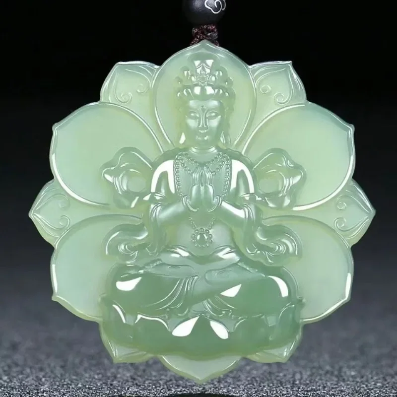 Shallow Blue Jade Lotus Guanyin Pendant for Men and Women Guanyin Jade Pendant for Men Attracting Wealth