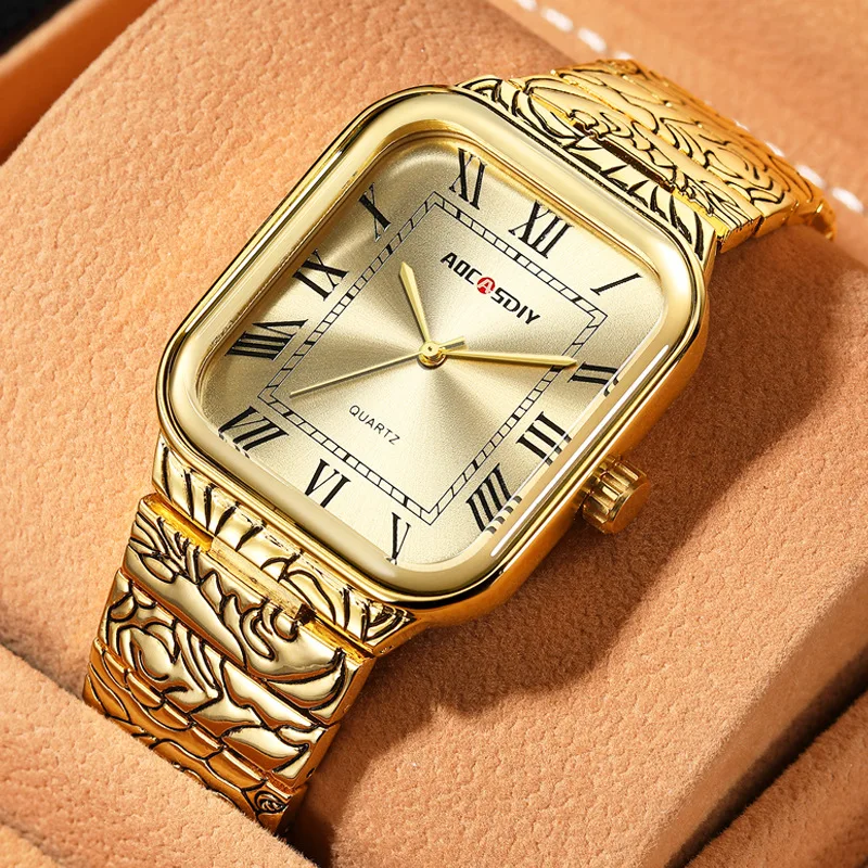 

AOCASDIY популярные часы мужские ретро квадратные золотые часы водонепроницаемые кварцевые часы со стальным ремнем мужские часы