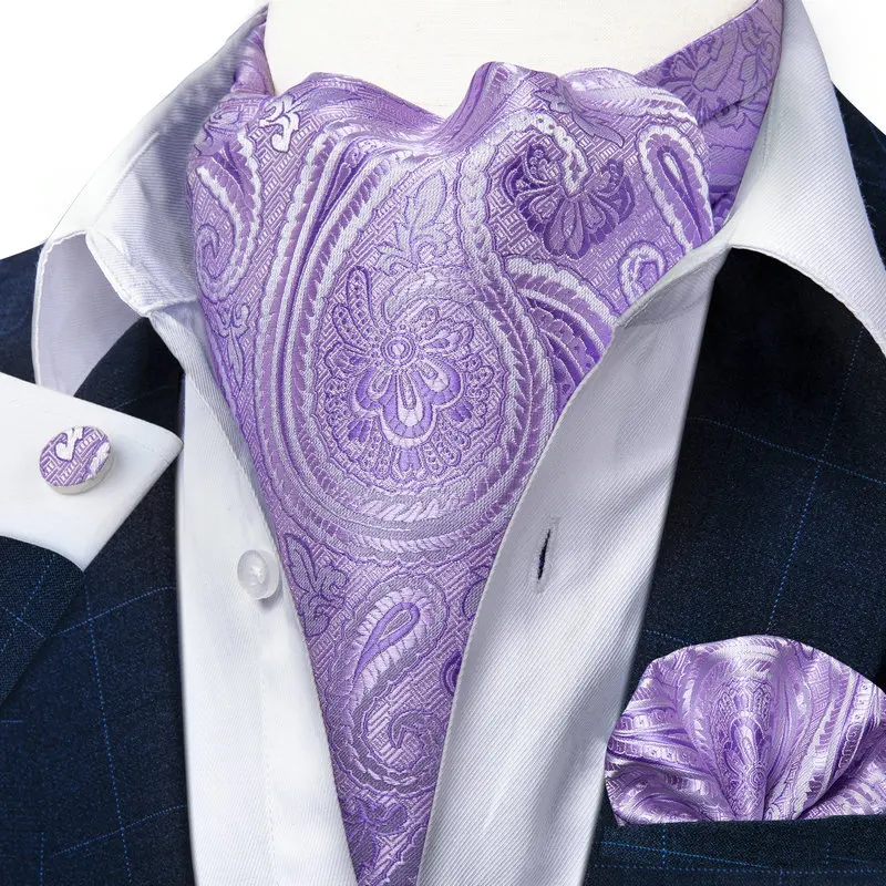 Men's Cravat Purple Paisley Ascot Tie Floral British Style Silk Gentleman Tie Set For Wedding Party Ties Pocket Square Cufflinks