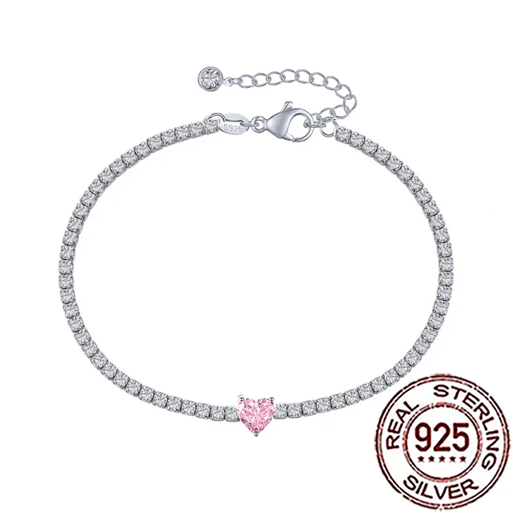 CWWZircons Sterling Silver 925 Fashion Pink Heart Shape Cubic Zircon Tennis Bracelets for Women Wedding Party Fine Jewelry SB017