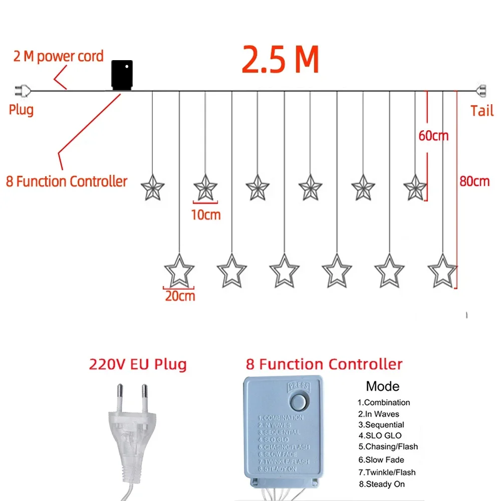 СВЕТОДИОДНАЯ Гирлянда-занавеска в виде рождественской звезды, 2,5 м/3,5 м, уличная гирлянда, сказочные огни для свадебной вечеринки, бара, украшение на новый год 2024
