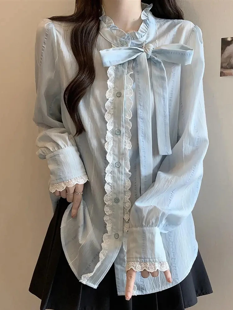 

Zoki Lace Sweet Ruffles Shirts Women Elegant Long Sleeve Bow Blouse Korean Fashion Casual Female Design Fall All Match Chic Tops