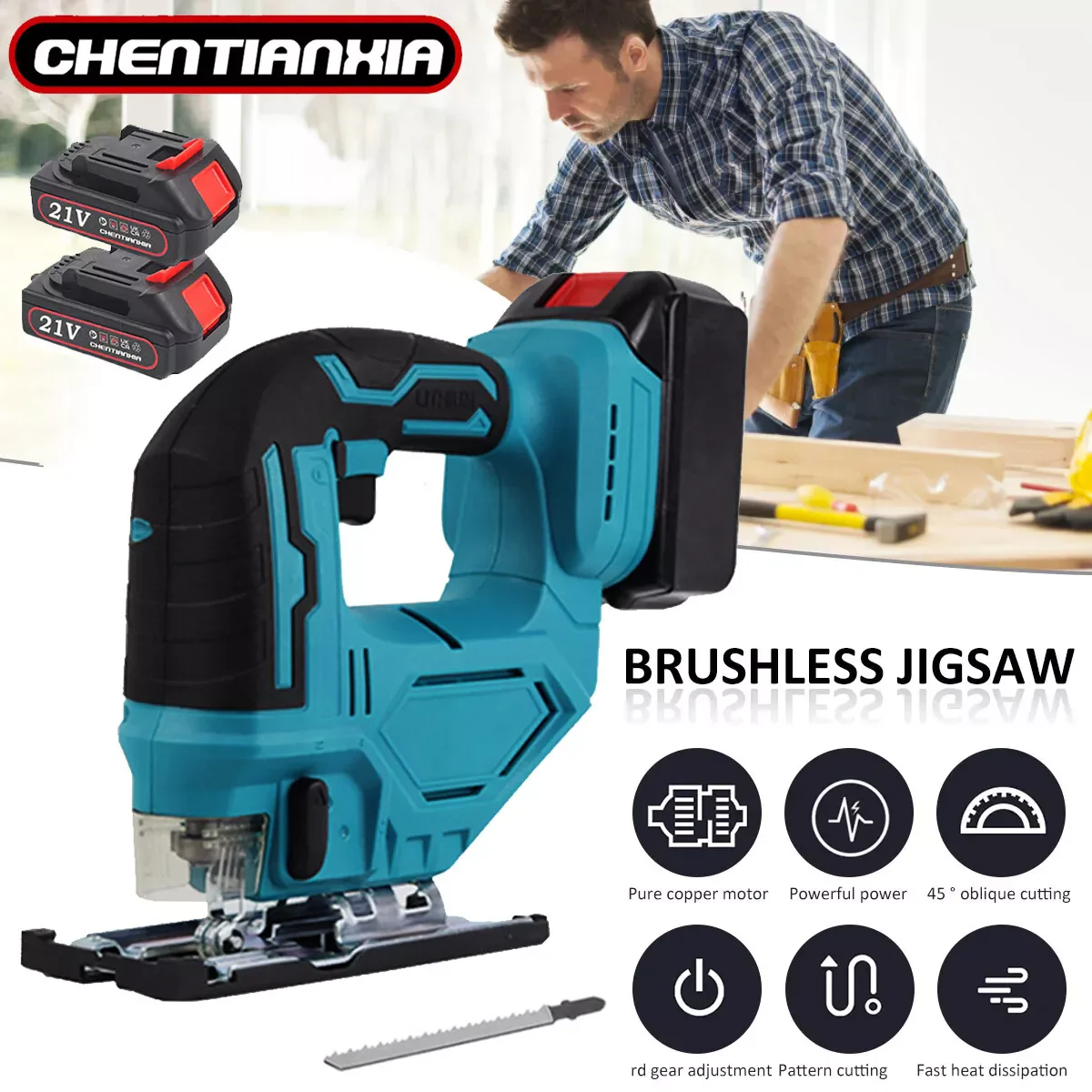 Cordless Jigsaw Portable Multi-Function Woodworking Power Tool Adjustable with 2 Battery Charger Lumberjack 21V Lithium XP Tool