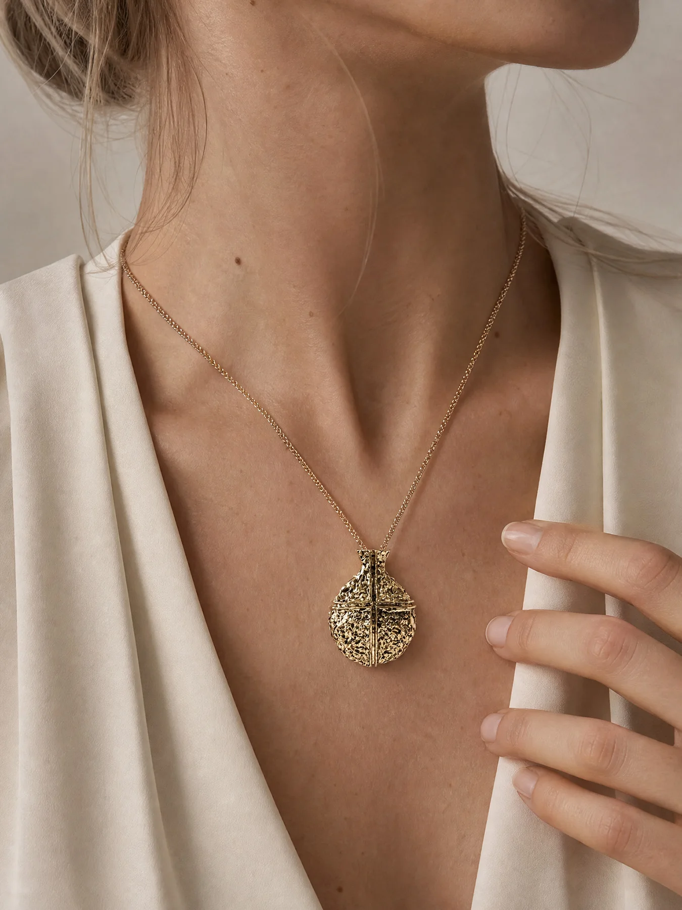 Antique Inspired Bottle Necklace for Women, Hammered Texture Cross Detail Long Chain Casual Artisan Jewelry