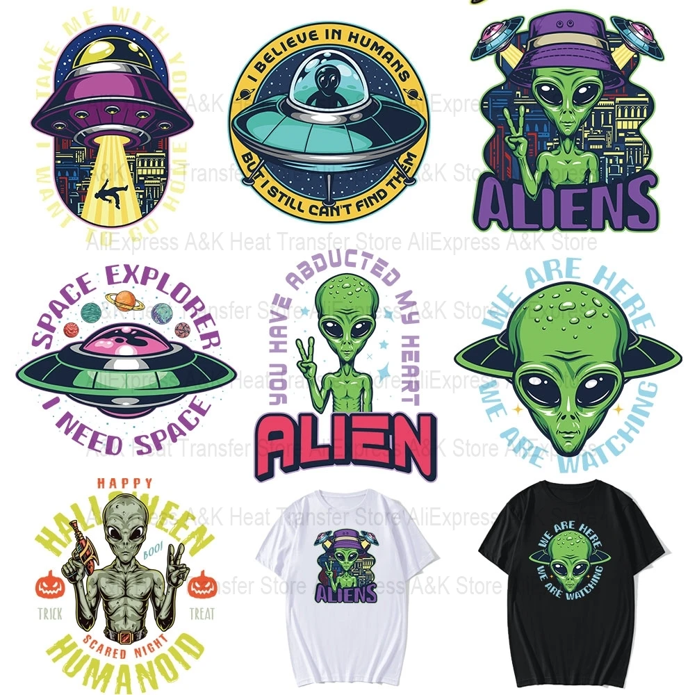 Decals Flying Saucer UFO Thermal Iron-On Heat Transfer Sticker Aliens T-Shirt Hoodies Patches For Clothes Applique Decoration