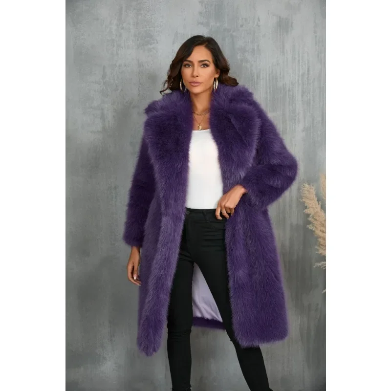 Women Clothing Warm Long Faux Fur Jacket Furry Lapel Streetwear Cardigan Thick Windproof Outerwear Luxury Fluffy Fur Coat Winter