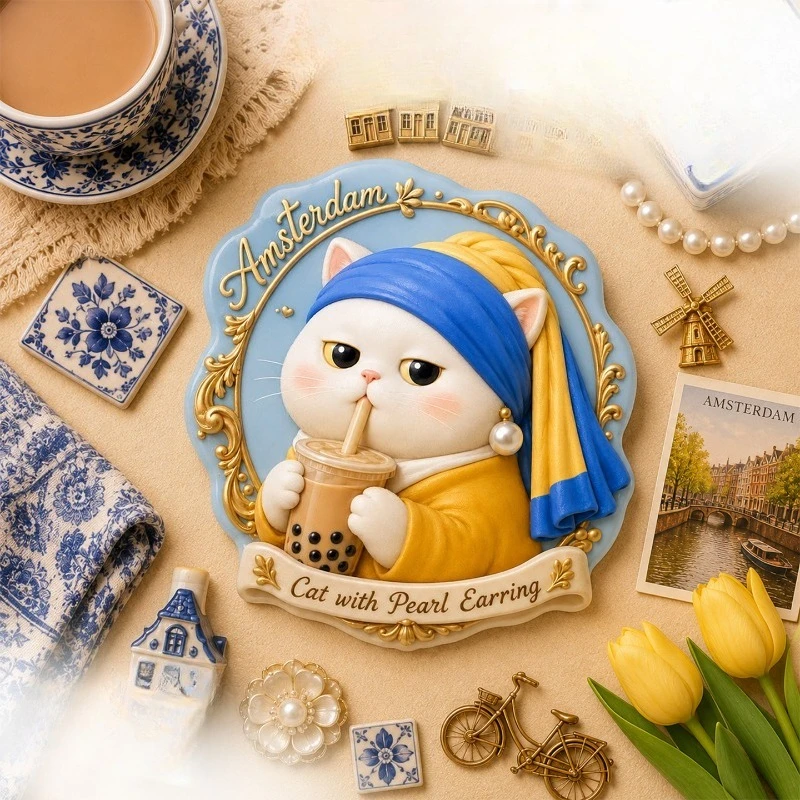 Amsterdam Milk Tea Cat Fridge Magnet - Adorable 3D Dutch Souvenir Unique European Gift for Travel & Fun Kitchen Decor