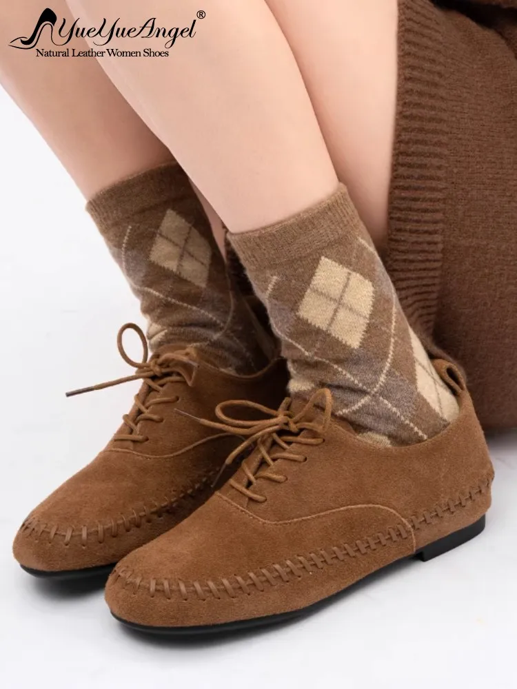 

Офисные женские туфли-лодочки из воловьей замши в винтажном стиле, на шнуровке, с круглым носком, с комбинированным плетением, повседневная обувь, дизайнерская удобная рабочая обувь для женщин, новинка