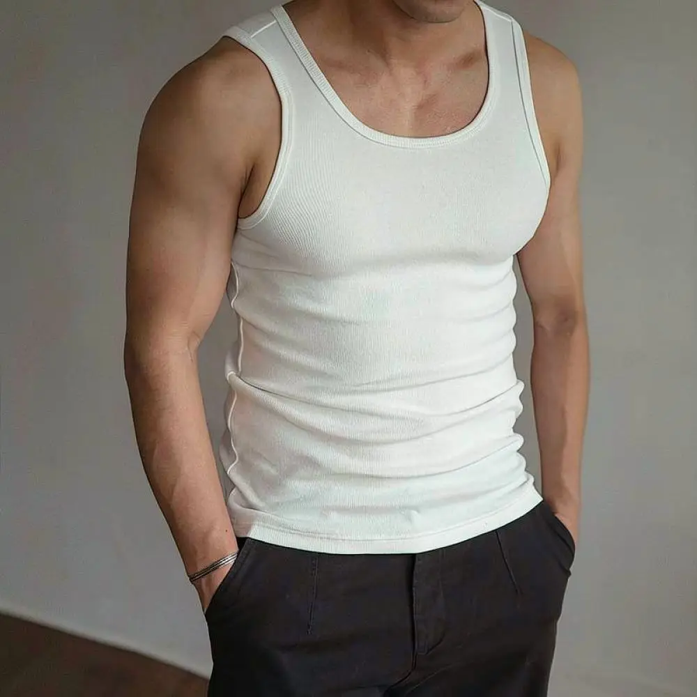 Vintage Style Ribbed Tank Top Mens Slim Fit Muscle Vest Summer Sportswear Breathable Cotton Sleeveless Gym Workout Top