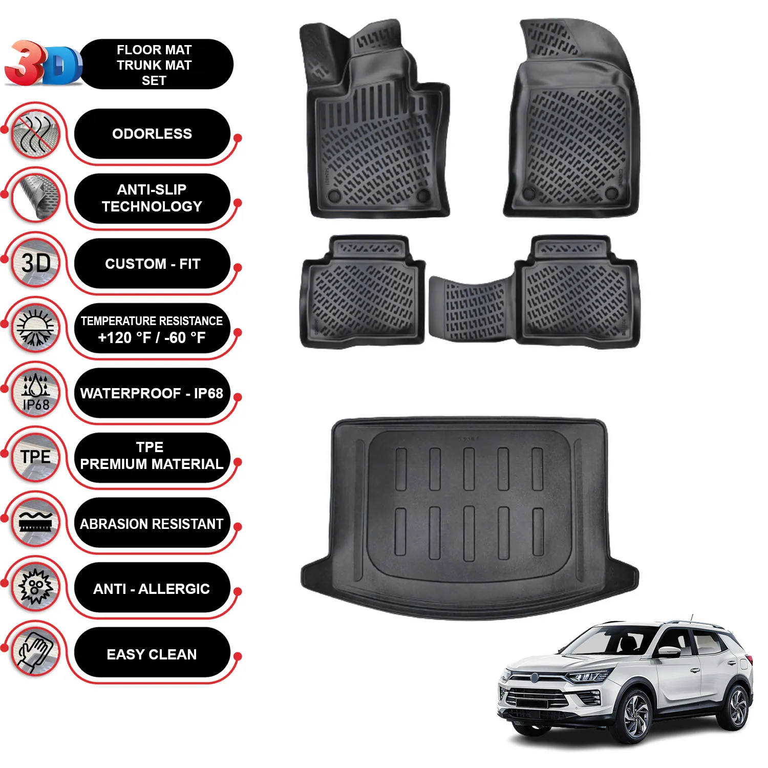 Ssangyong Korando - (2019-2023) - Floor Mats + Cargo Trunk Liner - SET - (Black)