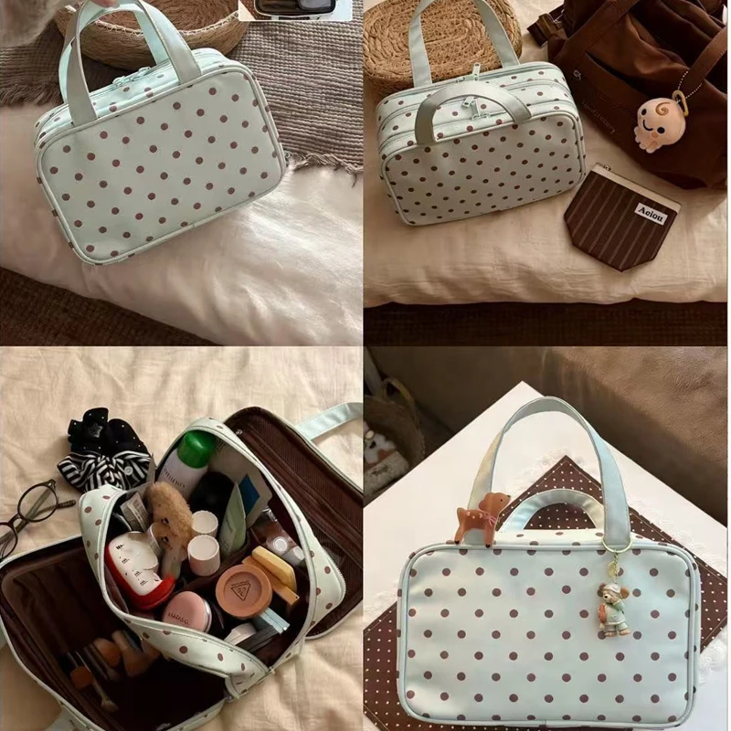 Koreanischer Stil, Minzfarbene Kaffeetasse mit Punkten, Kosmetiktasche, dreilagiger Organizer mit großem Fassungsvermögen, Reise-Toilettentasche, kann am Gepäck befestigt werden, Geschenk. – Detail 4