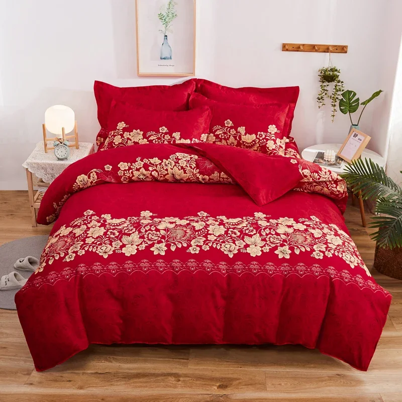 Red Rose Duvet Cover Queen Gold Botanical Floral Comforter Cover for Girl Women Lover Valentine Gift 3PCS Reversible Bedding Set