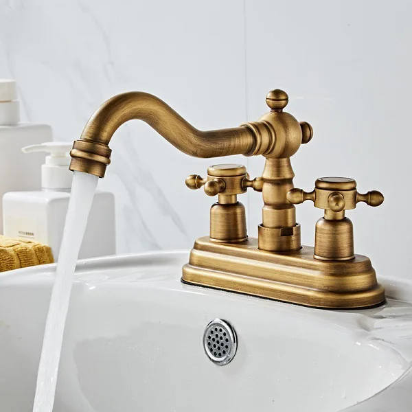 Rotating Antique Brass Bathroom Bathtub Basin Mixing Faucet European Style Double Handles and Dual Control Rotatable