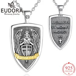 Eudora 925 Sterling Silver Saint Michael Archangel Necklace Cross Shield Christian Amulet Pendant Men Vintage Jewelry Gift