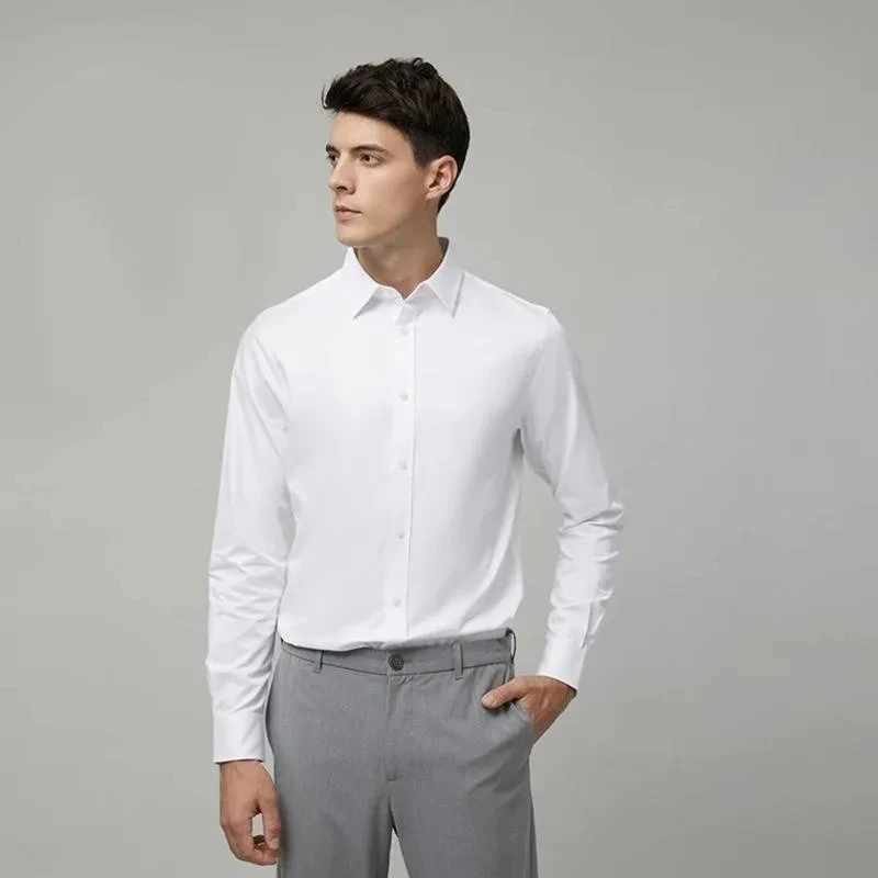 Camisa de manga comprida de fibra de bambu masculina elástica, antirrugas, sem engomar, fina, casual, de negócios, escritório, branca, alta qualidade