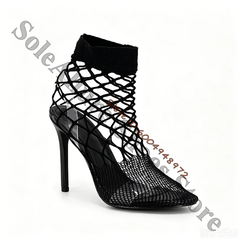 Stretchy Fishnet Mesh Ankle Booties See Through Square Toe Thin Stiletto Heel Sandals Elegant Night Club Party Women High Heels