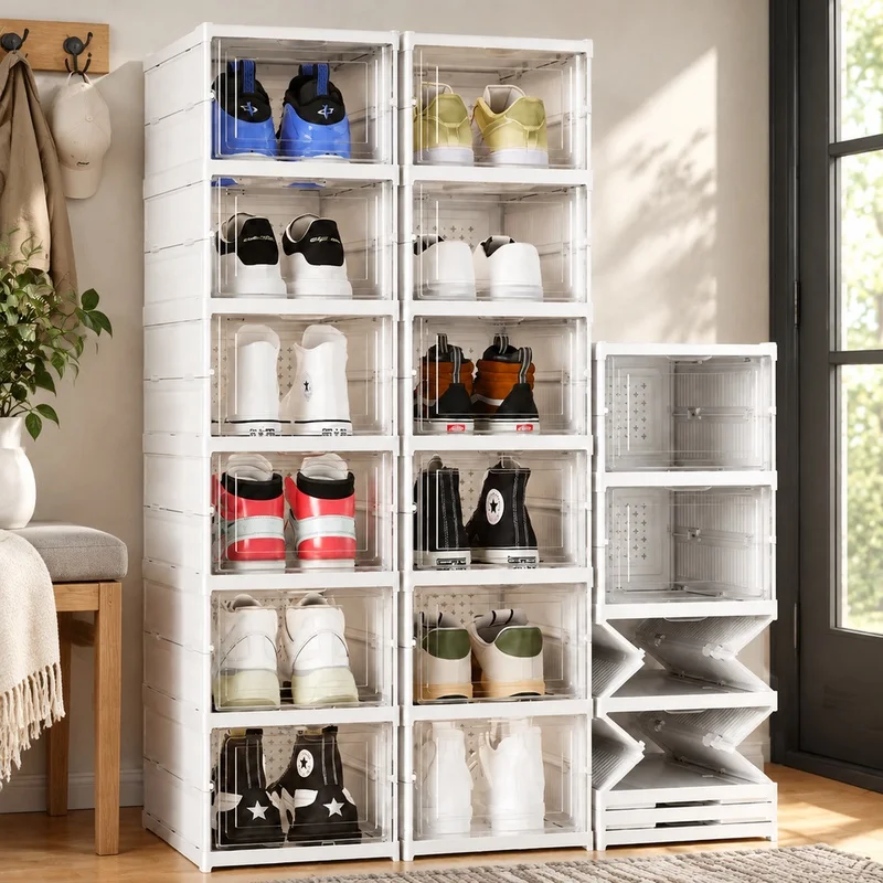 Clear 3-Layer Stackable Shoe Storage Box with Foldable Structure and Dust Protection for Sneakers