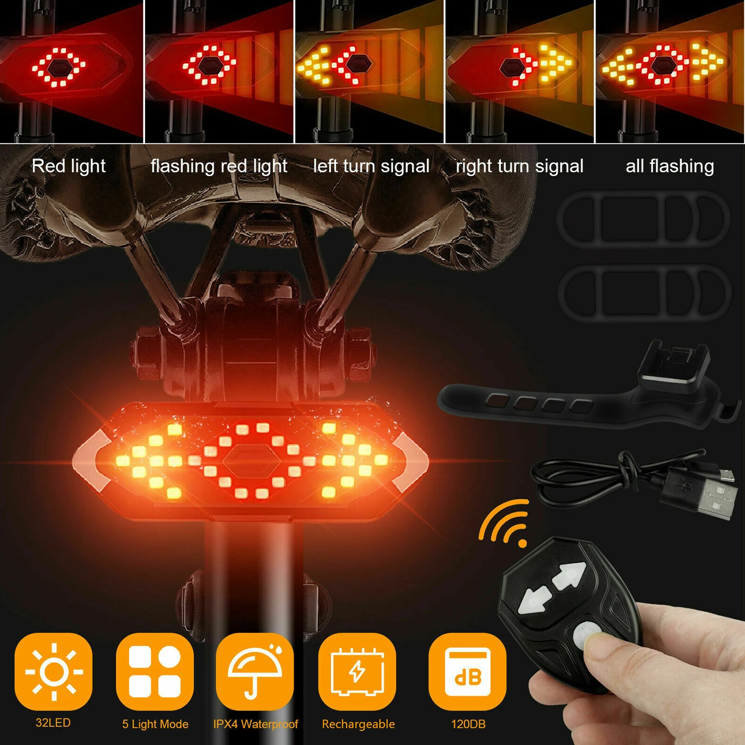 Bike Tail Light with Turn Signals Wireless Remote Control Led Bicycle Rear Light USB Rechargeable Safety Warning Cycling Lights