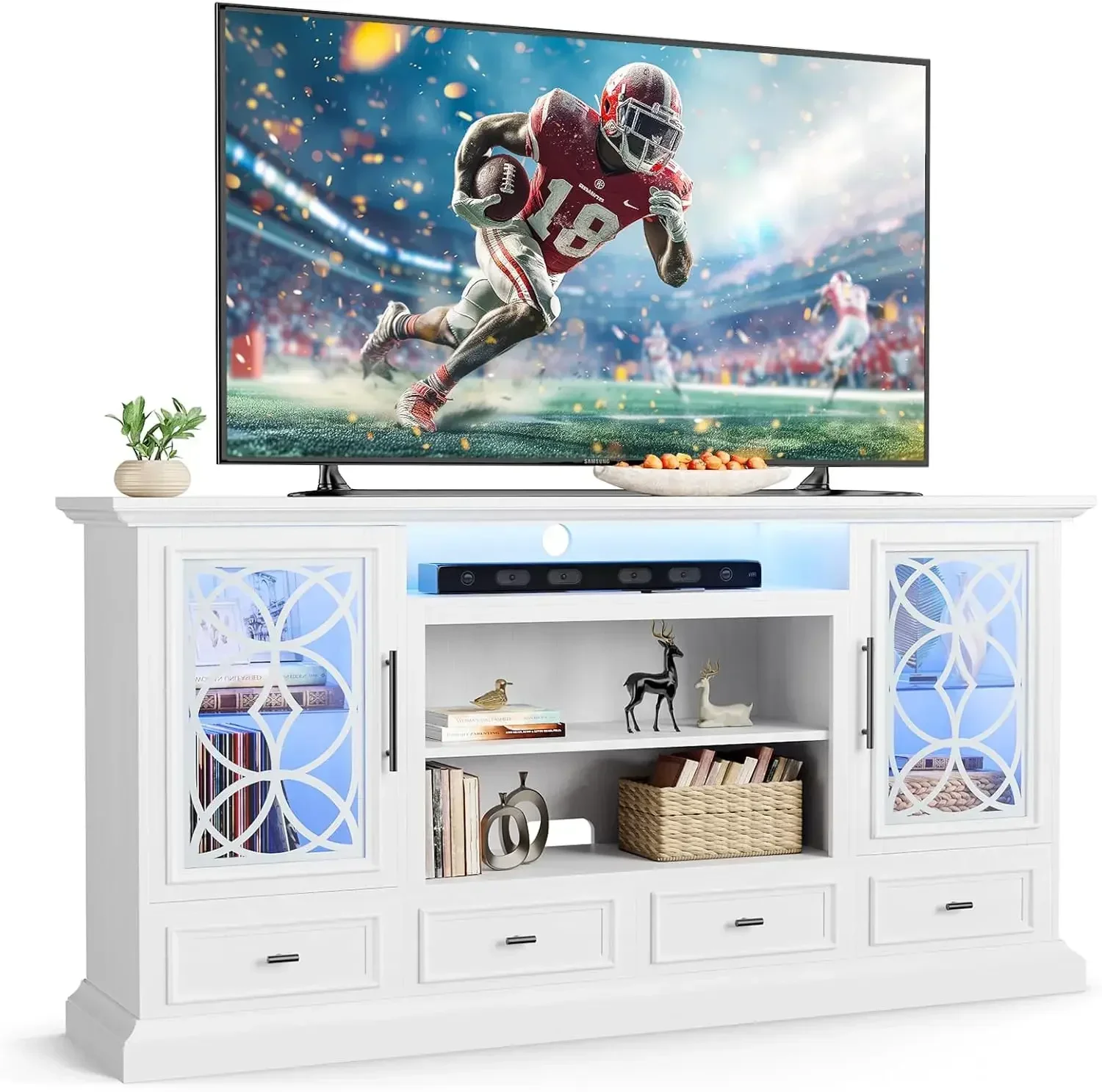 70'' White TV Stand with LED Light Bar, Farmhouse Entertainment Center for TVs up to 80 inch