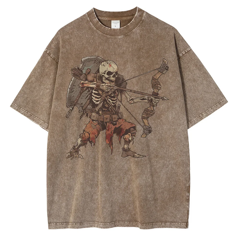 Skeleton Undead Warrior Graphic T Shirts Dark Dungeon Comic Print Oversized Men‘s T-shirt Retro Distressed Washed Cotton Tops