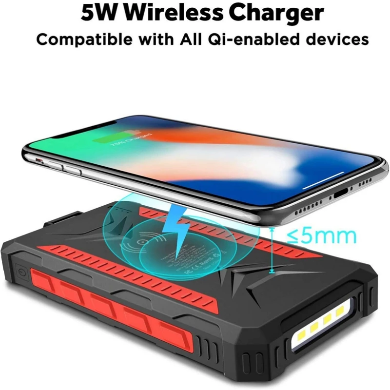 30000mAh Solar Power Bank Qi Wireless Charger Powerbank for iPhone 14 Xiaomi Portable Charger with Camping Light Spare Battery