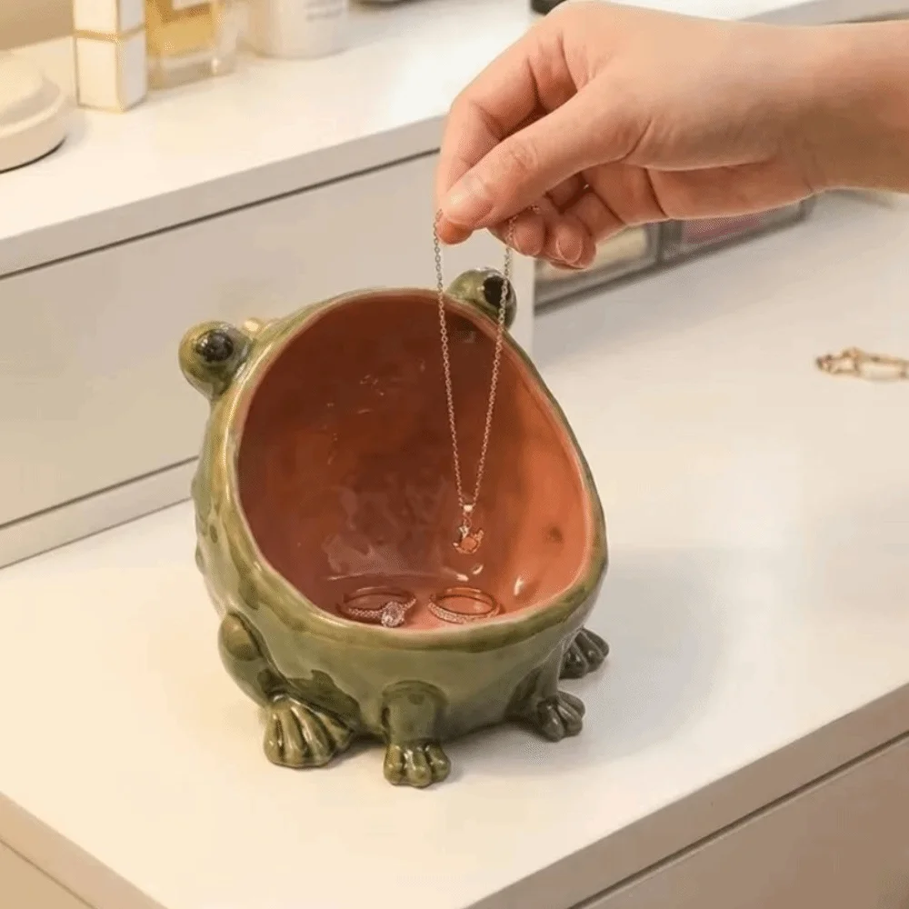 Big Mouth Simulation Frog Jewelry Dish Ceramic Multifunctional Realistic Toad Ring Holder Animal Trinket Tray Desktop Ornament
