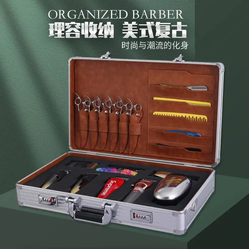 Hairdressing Toolbox Hairdresser High-end Genuine Leather Password Box Scissors Scraper, Barber Tool Box European American Style