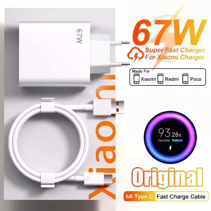 67W GaN USB Fast Charger for Xiaomi 14 13 12 Redmi Note 13 Pro Turbo Quick Charge 3.0 EU/US/UK Plug Wall Phone Charger Adapter