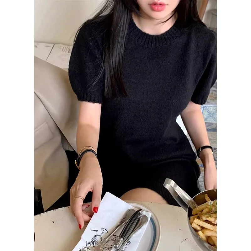 Vestido Casual de Malha com Decote Redondo e Manga Curta para Outono e Inverno, Moda Fena, Camada Base Confortável e ia