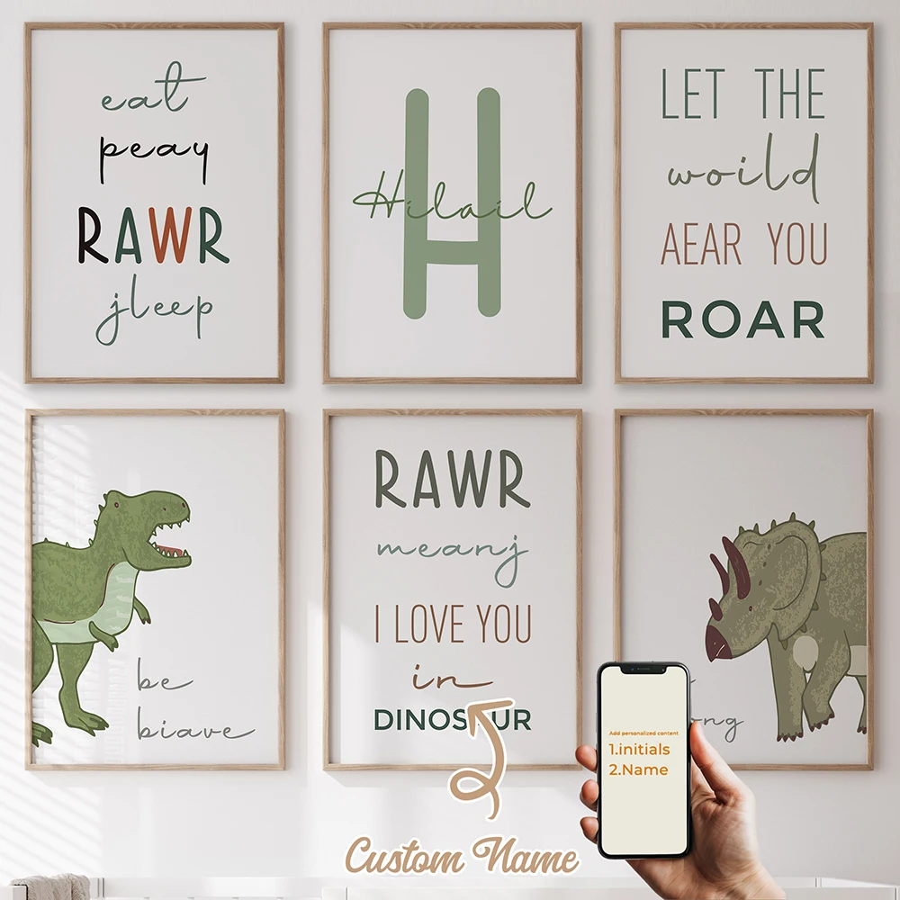3 قطعة/6 قطعة اسم مخصص شخصية لطيف الكرتون ديناصور جدار الفن طباعة صورة لغرفة المعيشة الاطفال الصبي غرفة ديكور المنزل هدية #4