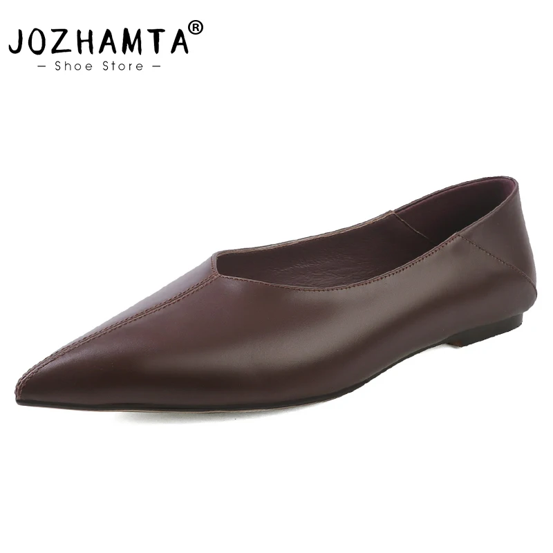 JOZHAMTA Size 33-41 Women Casual Flats Shoes Genuine Leather Soft Comfort Low Heels Shoes Loafers Pointy Toe Daily Office Dress