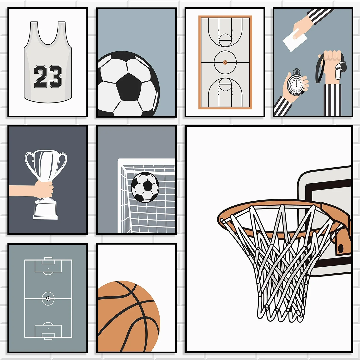 Simple Line Sports Themed Canvas Print Basketball Hoop Football Jersey Trophy Wall Art Kids Room Gym Interior Decorative Poster
