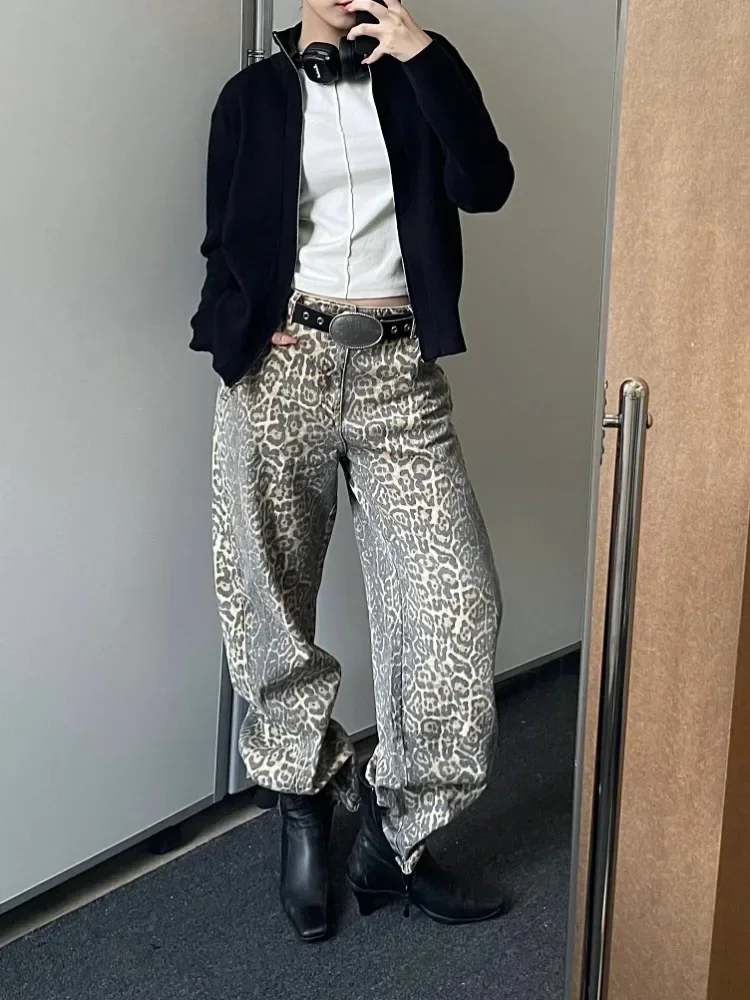 بنطلون جينز نسائي واسع الساق واسع جلد النمر ، بنطلون جينز فضفاض غير رسمي ، بنطلون عالي الخصر ، اتجاه هاراجاكي ، جمالي عتيق ، الربيع ، #4