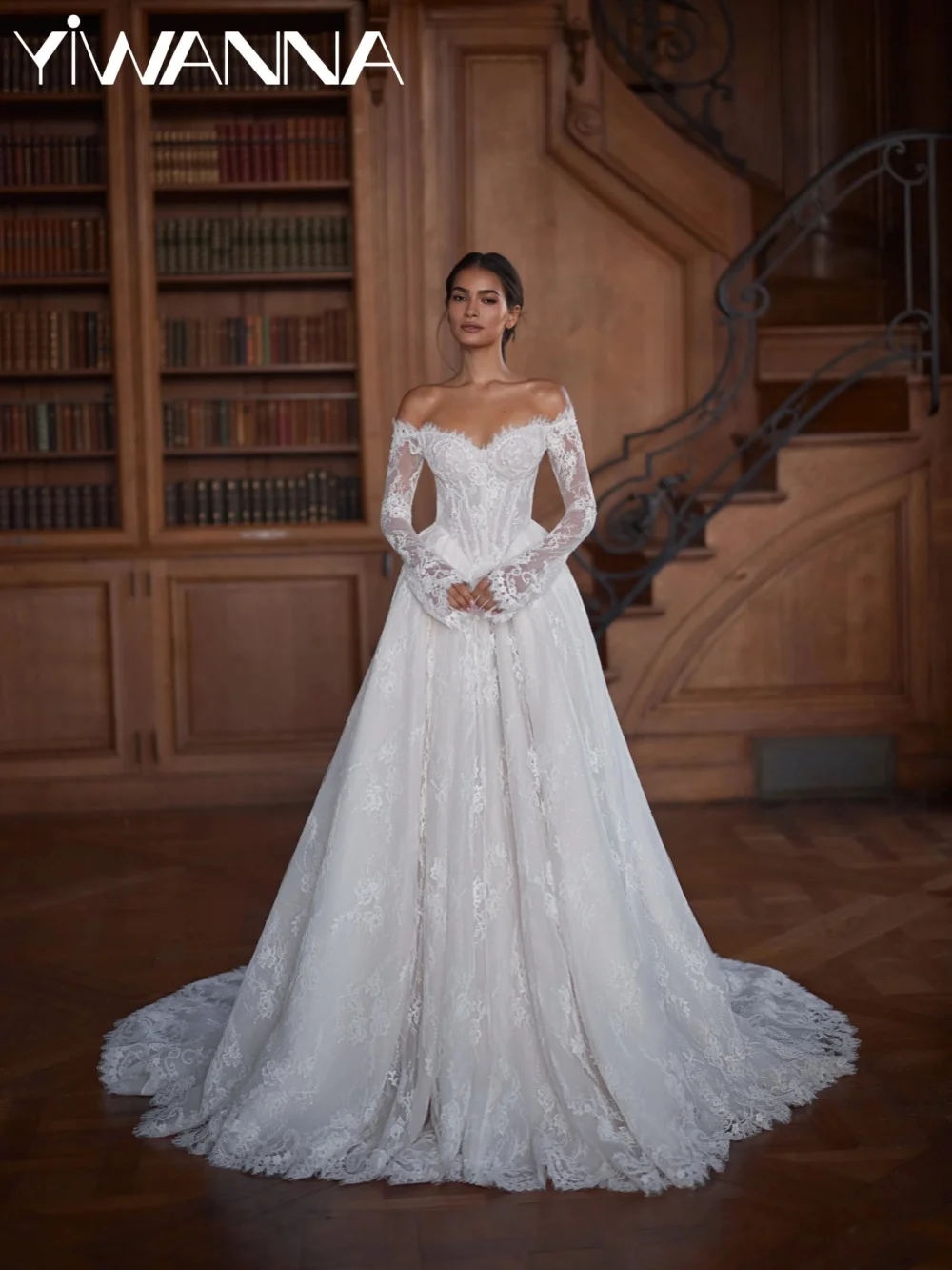 

Dreamy Floral Lace Wedding Dress Sparkling Pearls A-line Long Bridal Gown Customized Off Shoulder Elegant Dresses For Bride