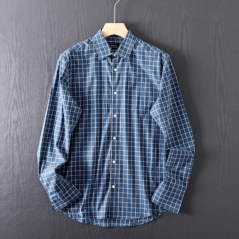 

Navy Blue Woven Washed Cotton Autumn Men's Business Casual Plaid Long Sleeved Shirt Outdoor Trekking Camping Travel Sport Blouse