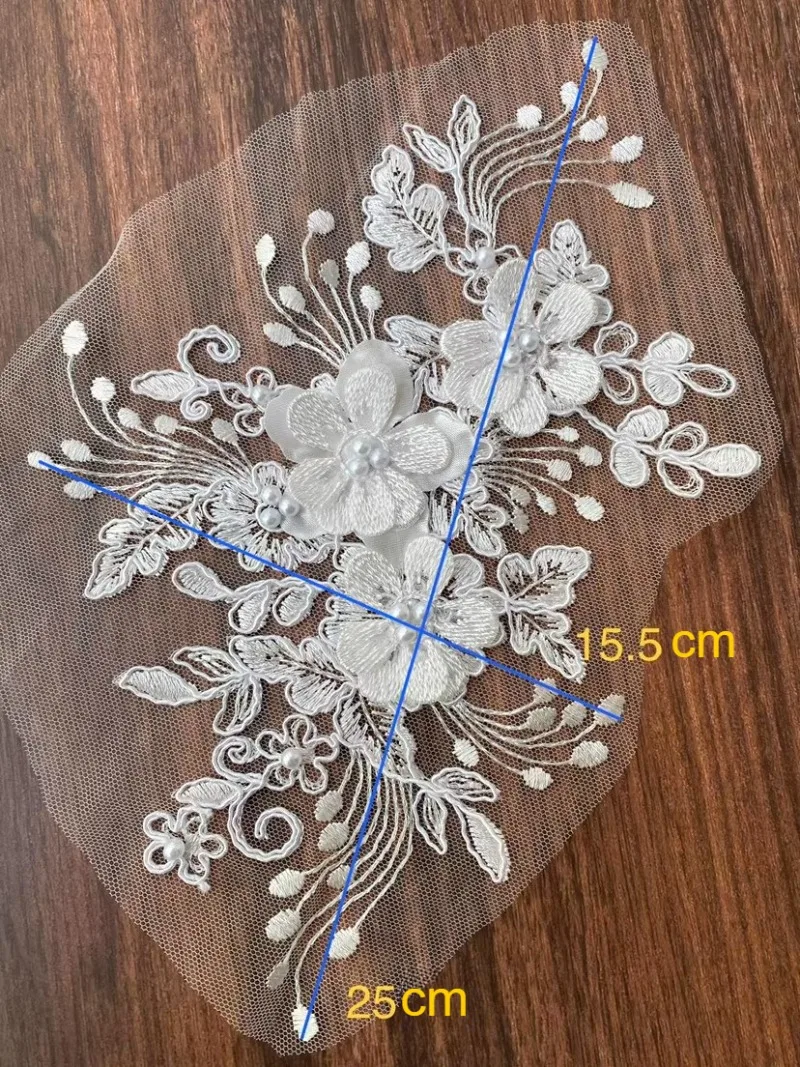 

6 Pairs White Beaded 3D Edge Stranded Embroidery Tulle Lace Appliqué Accessories Set Ideal for Clothing Decoration