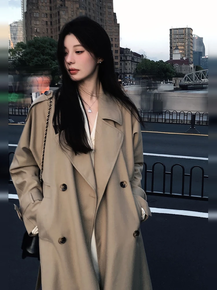 

Женское пальто средней длины цвета хаки, весна-лето-осень, новинка, с поясом, в корейском стиле, модное