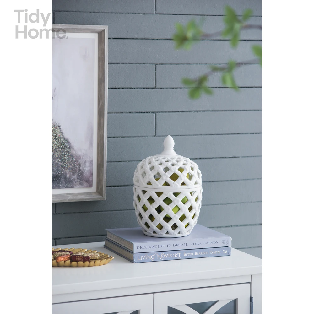 

8.5x11.5" Ceramic lattice construction Lidded Jar, adorable large lidded jar, for holding fragrant potpourri/colorful items