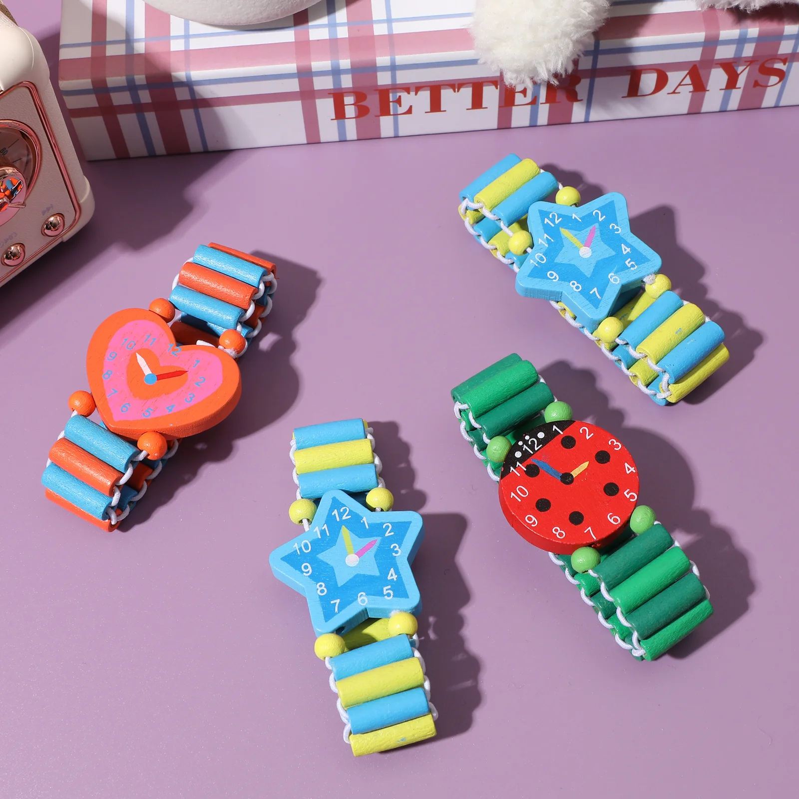 Creative Wooden Watch 4pcs Set Cartoon Wristband Time Learning Game Jewelry Gift for Party Favors