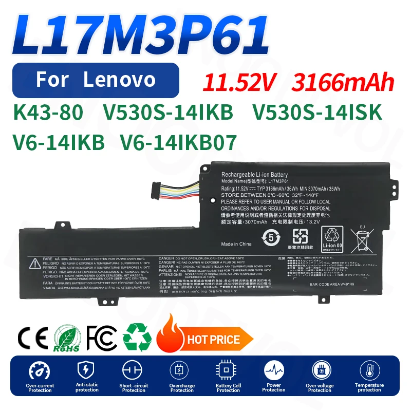 L17M3P61 11.52V 3166mAh 36Wh Replacement Laptop Battery for Lenovo K43-80 V530S-14IKB V530S-14ISK V6-14IKB07 L17C3P61 L17L3P61