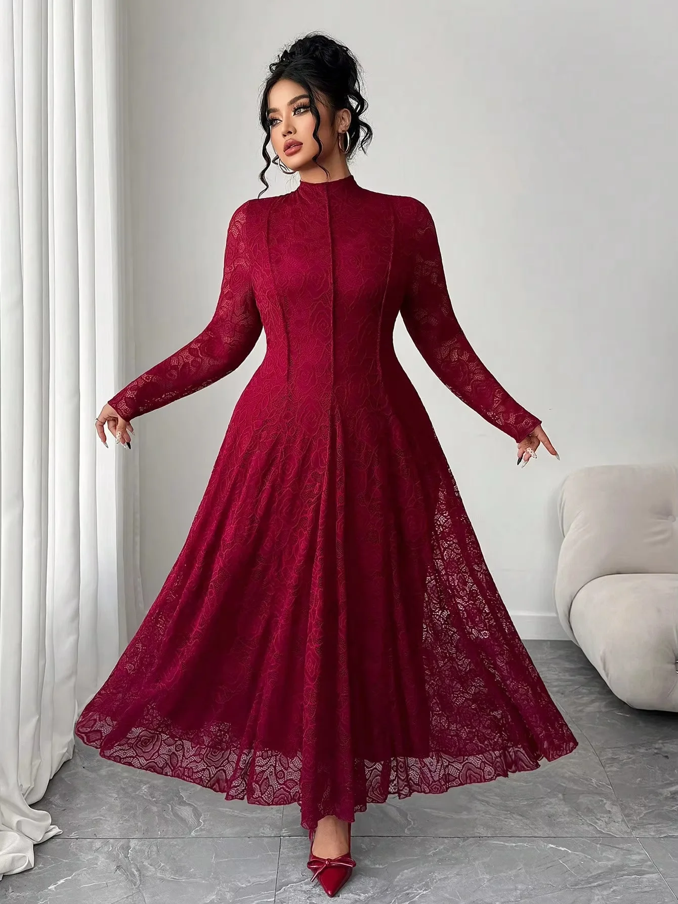 Modest high‑neck evening gown with long sleeves and flowing full skirt, loose and flattering cut. Custom sizes & plus size avail