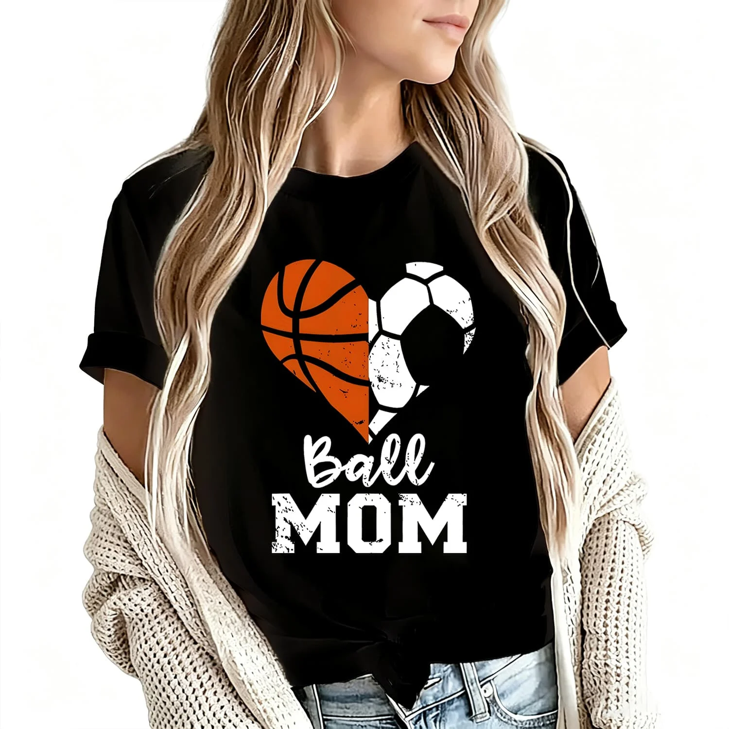 Ball Mom Heart Soccer Basketball Mom Women's T-Shirt 100% Cotton Funny Graphic Short Sleeve Tee Novelty Shirt Casual Crew Neck Top S-5Xl