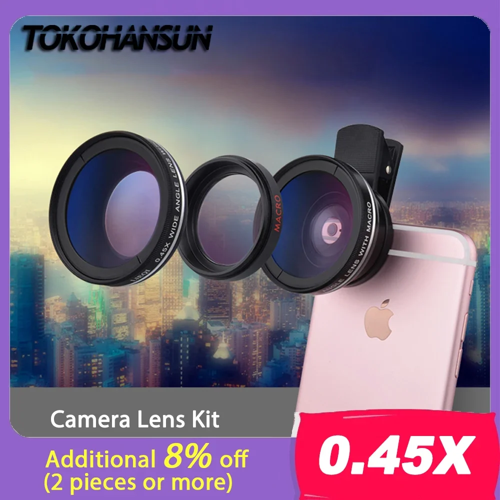 طقم عدسات الكاميرا TOKOHANSUN 0.45X عدسة زاوية واسعة للغاية مع عدسة ماكرو 12.5X لهاتف iPhone 11 1 Samsung Galaxy S9 عدسة الهاتف المحمول