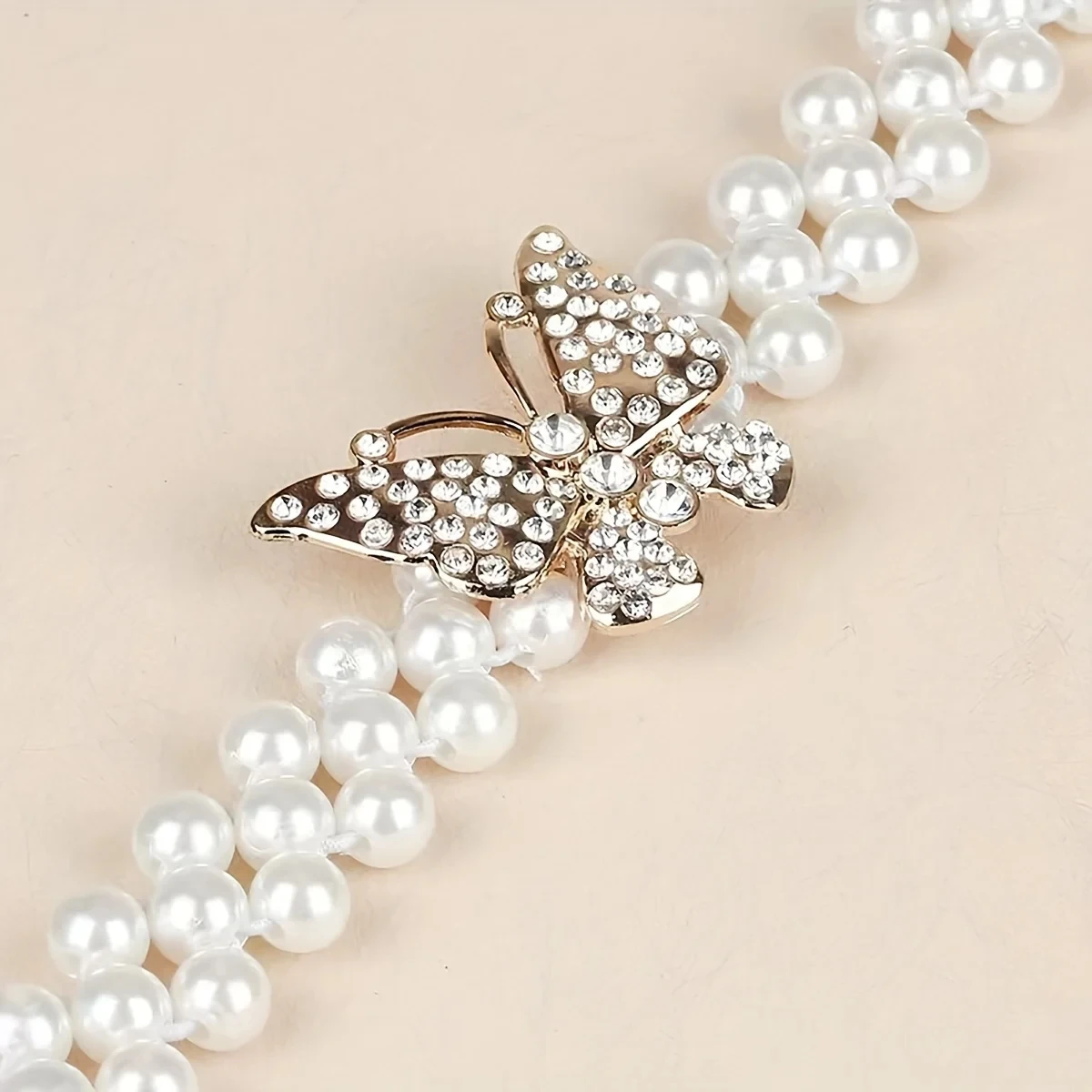 حزام أنيق بإبزيم على شكل فراشة مع لؤلؤ صناعي وأحجار الراين - حزام خصر مطاطي للفساتين والمشدات