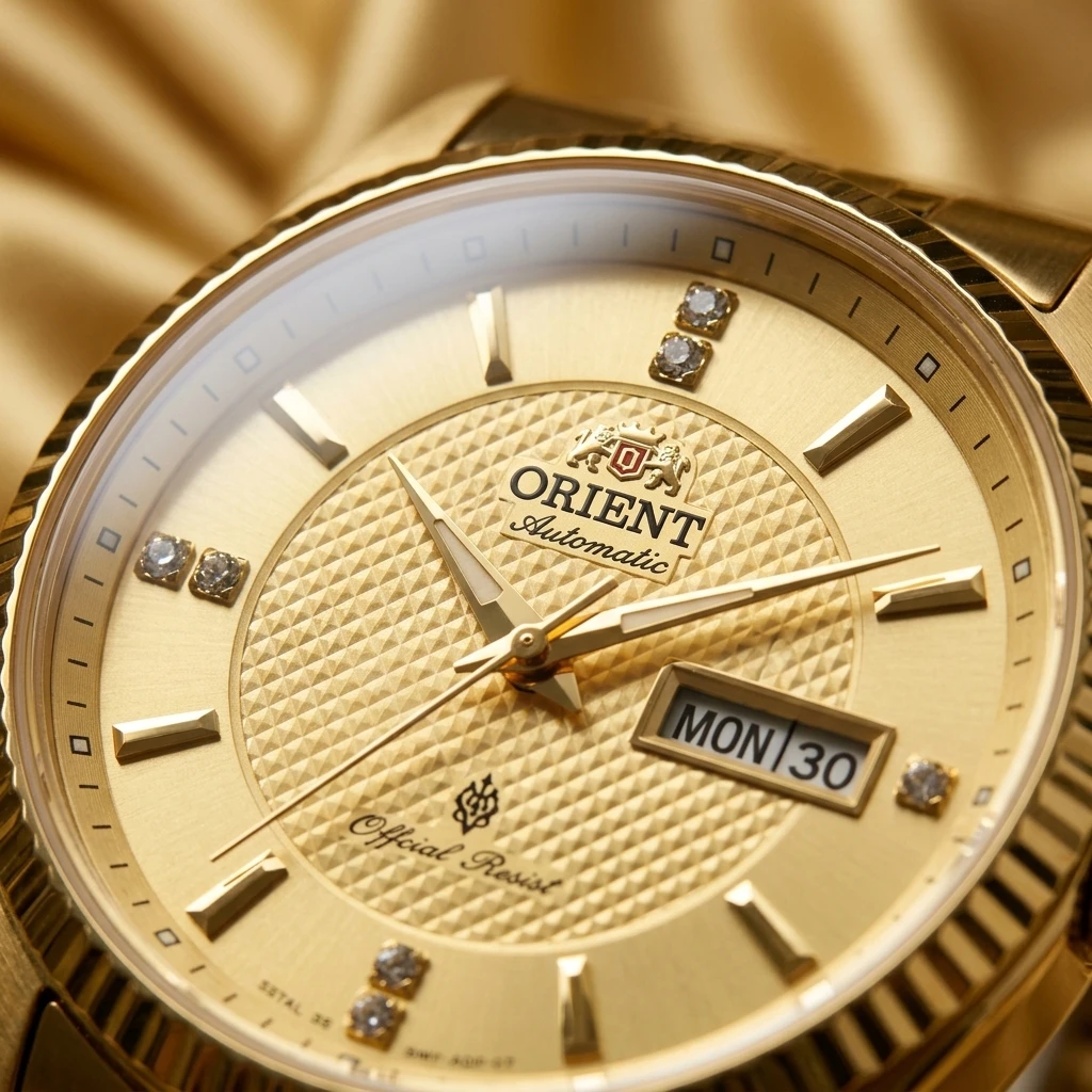 Orient Men Business Automatic Mechanical Watch, Dual Calendar Week Display Crystal Hour Markers Stainless Steel Band Wristwatch view 5