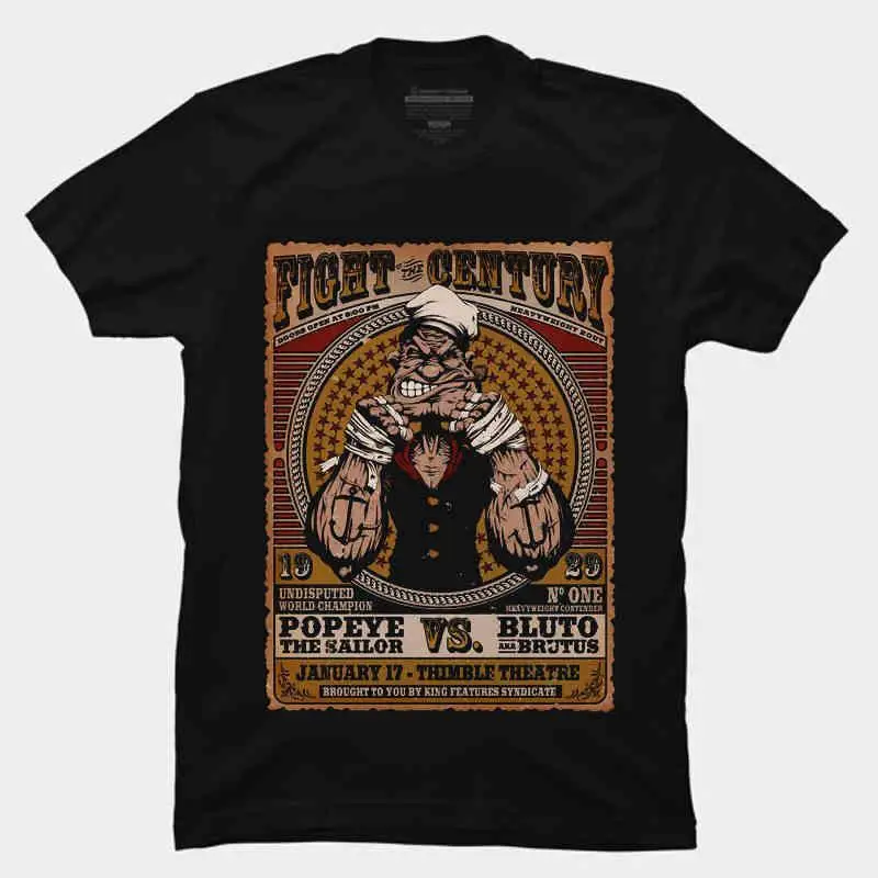 

European and American Street Men's Short-sleeved Tattoos Social Clothes Pure Cotton Printed Men's T-shirt Popeye Boxing